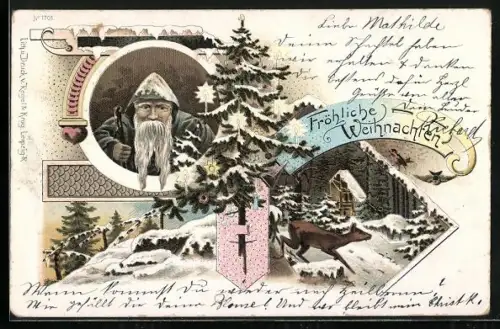 Lithographie Weihnachtsmann und Tannenbaum in verschneiter Landschaft, Fröhliche Weihnachten