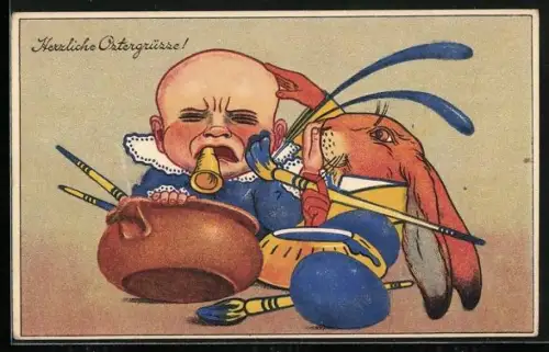 Künstler-AK Osterhase malt weinendes Baby mit Pinsel an, Herzliche Ostergrüsse