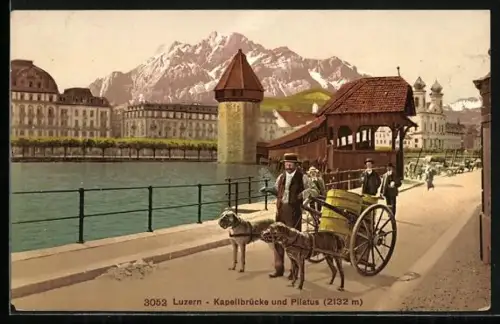 AK Luzern, Kapellbrücke mit Sanitätshunden und Pilatus