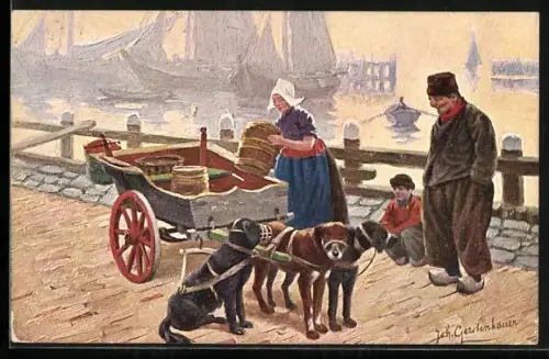 Künstler-AK Johan Georg Gerstenhauer: Holländerin verlädt Fässer auf ihr Hundegespann