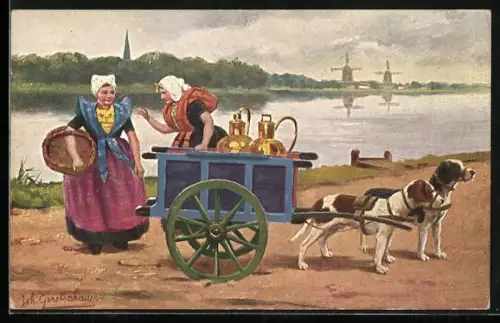 Künstler-AK Johan Georg Gerstenhauer: flämische Milchfrauen mit Hundegespann
