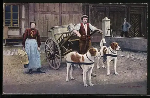 AK Junger Milchfuhrmann mit Hundegespann vorm Milchkarren