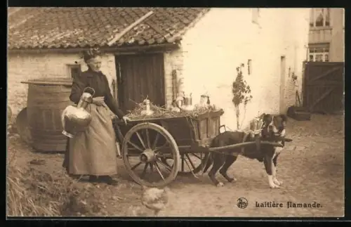 AK Bäuerin mit Kanne in der Hand am Hundegespann