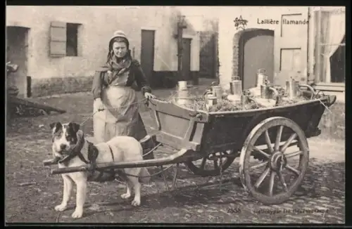AK Bäuerin lässt den schweren Karren von ihrem Hund ziehen