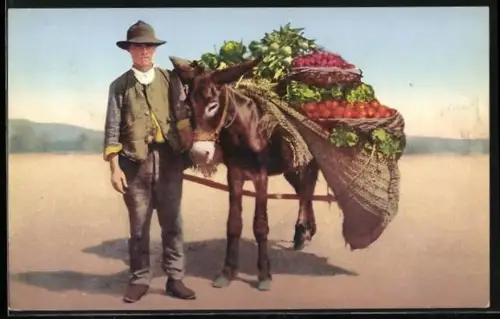 AK Neapel / Napoli, Neapolitaner mit voll beladenen Esel