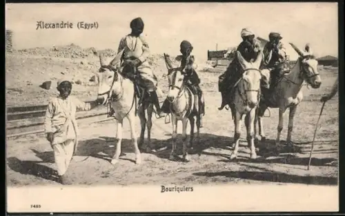 AK Alexandrie, Bouriquiers, arabische Buben reiten auf Esel
