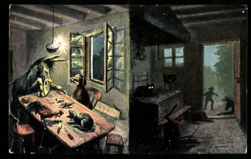 AK Tiere aus dem Märchen Die Bremer Stadtmusikanten essen das Essen der Bauern und schlafen danach ein