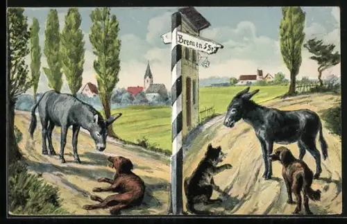 Künstler-AK Märchen, Die Bremer Stadtmusikanten an einer Wegeskreuzung, Katze geht mit