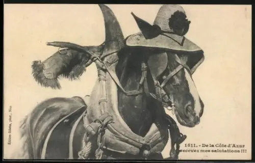 AK Côte d`Azur, Pferd mit Strohhut