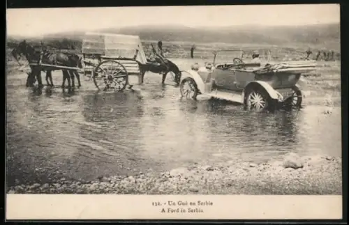 AK Un Gué en Serbie, Auto Kfz Ford in Serbien bei einer Flussüberquerung