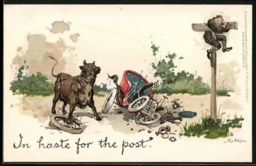 Künstler-AK Auto, Stier hat einen Wagen demoliert, Fahrer flüchtet auf Mast