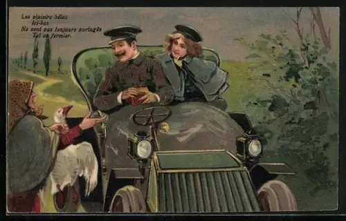 Lithographie Gänseverkäuferin verkauft an Autofahrer
