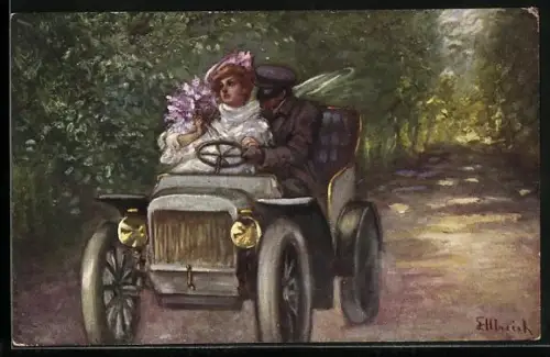 Künstler-AK Fritzi Ulreich: Dame mit poussierendem Chauffeur in Automobil