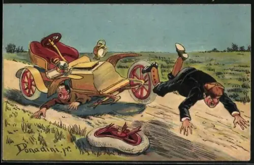 Künstler-AK Ermenegildo Carlo Donadini: Mann überfährt Fussgänger mit seinem Auto und fällt selbst aus dem Wagen