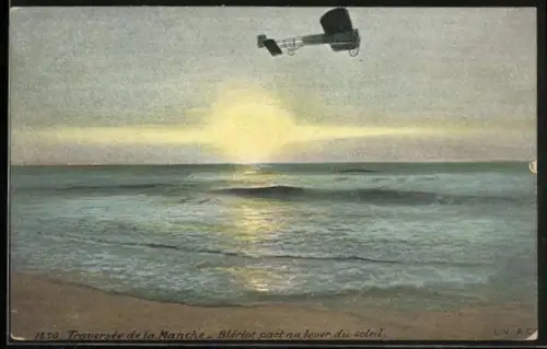 AK Flugzeug über dem Meer, Blériot part au lever du soleil