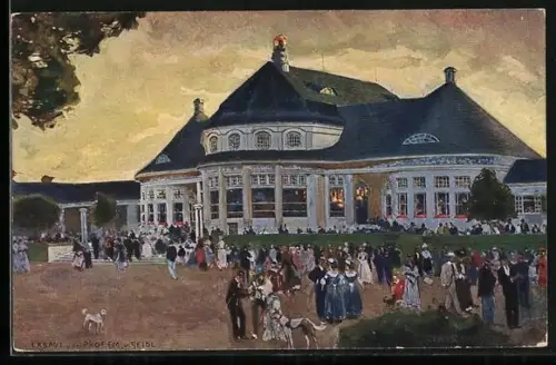 Künstler-AK München, Ausstellung 1910, Festhalle mit Besuchern