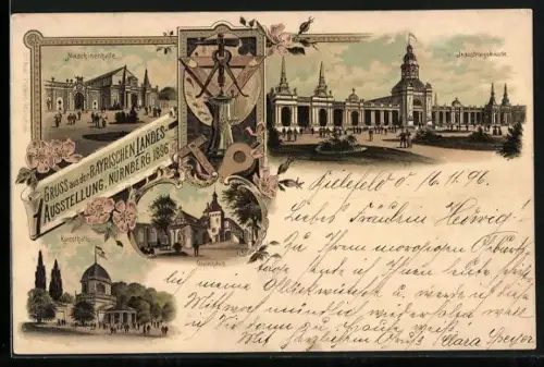 Lithographie Nürnberg, Bayerische Landes-Ausstellung 1896, Industriegebäude, Weinhaus, Maschinen- & Kunsthalle