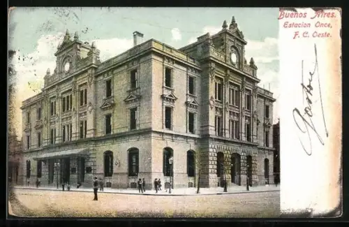 AK Buenos Aires, Estacion Once, F. C. Oeste, Bahnhofsgebäude