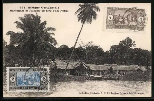AK Senegal, Afrique Occidentale, Habitations de Pêcheurs au bord d`une rivière