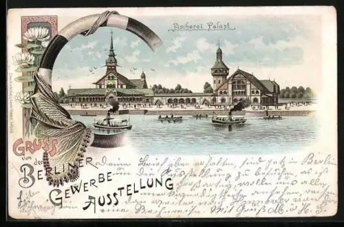 Lithographie Berlin, Gewerbe-Ausstellung 1896, Fischerei - Palast