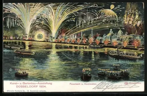 Lithographie Düsseldorf, Kunst- u. Gartenbau-Ausstellung 1904, Feuerwerk über dem Fluss