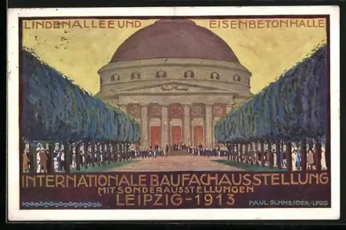 Künstler-AK Leipzig, Intern. Baufachausstellung mit Sonderausstellungen 1913, Lindenallee und Eisenbetonhalle