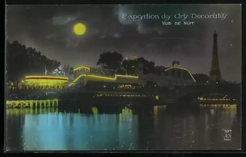 AK Paris, Exposition des Arts décoratifs 1925, vue de nuit, la Tour Eiffel