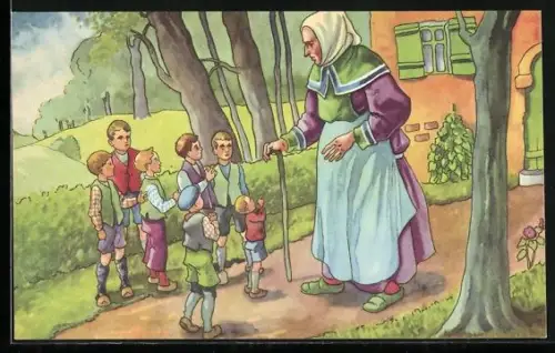 Künstler-AK Däumling mit seinen Freunden am Haus des Menschenfressers