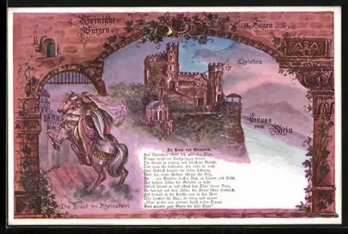 Künstler-AK Trechtingshausen, Burg Rheinstein, Gedicht, Die Braut v. Rheinstein
