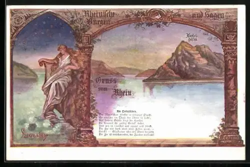 Künstler-AK Rheinische Burgen und Sagen, Loreley auf dem Loreleyfelsen