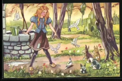 Künstler-AK Aschenputtel steht am Brunnen, Tauben, Hasen