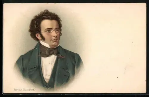 AK Portrait Franz Schubert, Notentext: Etwas geschwind, zart.