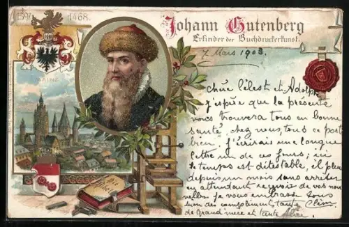 Lithographie Mainz, 500 jährige Gutenberg-Jubelfeier 1900, Buchdruck, Die Bibel, Wappen