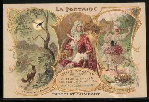 Lithographie Chocolat Lombart, Jean de La Fontaine, Poete & Romancier