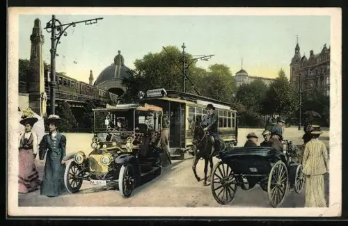AK Berlin-Schöneberg, Berliner Leben am Nollendorfplatz mit Strassenbahn, Auto und Reiter