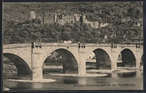 AK Heidelberg, Flusspartie mit Neckarsbrücke und Schloss