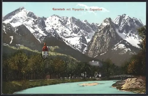 AK Garmisch, Flusspartie mit Alpspitze und Zugspitze
