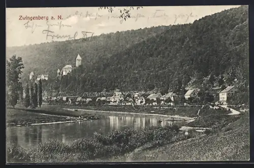 AK Zwingenberg a. N., Flusspartie mit Bergpanorama