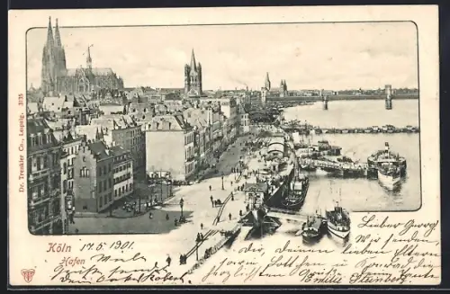 AK Köln, Partie am Hafen mit Blick zum Dom
