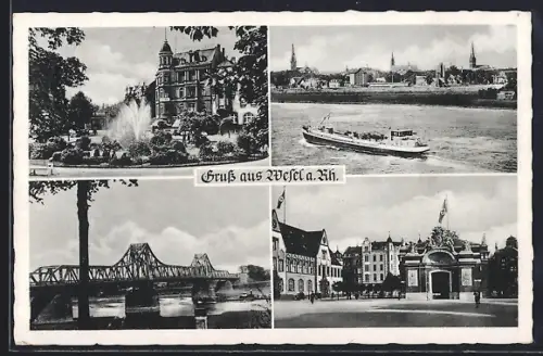 AK Wesel a. Rh., Park mit Springbrunnen, Flusspartie mit Blick in die Stadt, Tor mit flagge