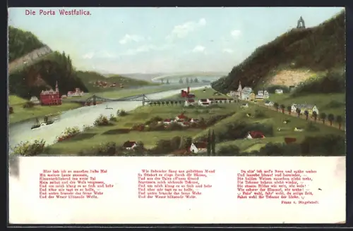 AK Porta Westfalica, Flusspartie mit Blick zum Kaiser Wilhelm Denkmal