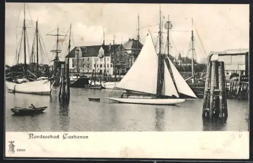 AK Cuxhaven, Partie am Hafen mit Segelschiffen