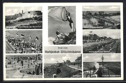 AK Wilhelmshaven, Konzert am Strand, Die Kaiser-Wilhelm-Brücke, Strand Geniusbank