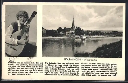 AK Holzminden, Partie an der Weser mit Dampfer, Frau mit Gitarre, Weserlied