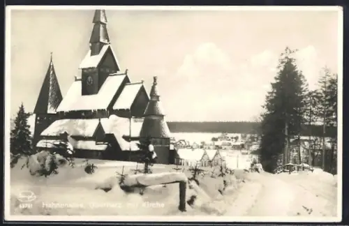 AK Hahnenklee /Oberharz, Die Kirche bei Schnee