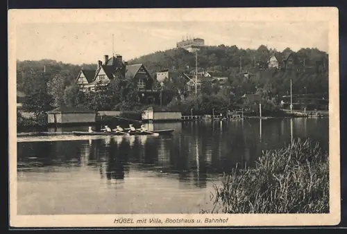 AK Hügel, Ortsansicht mit Villa, Bootshaus und Bahnhof