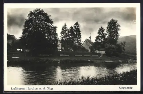 AK Herchen a. d. Sieg, Siegpartie mit Kirche