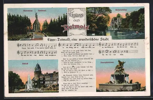 AK Detmold, Hermanns-Denkmal, Externsteine, Donopbrunnen, Schloss, Lied Lippe-Detmold, eine wunderschöne Stadt