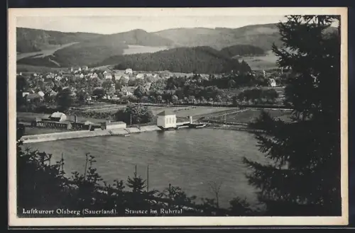 AK Olsberg, Ortsansicht mit Stausee aus der Vogelschau