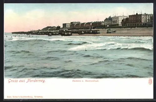 AK Norderney, Damen- u. Herrenbad vom Wasser aus
